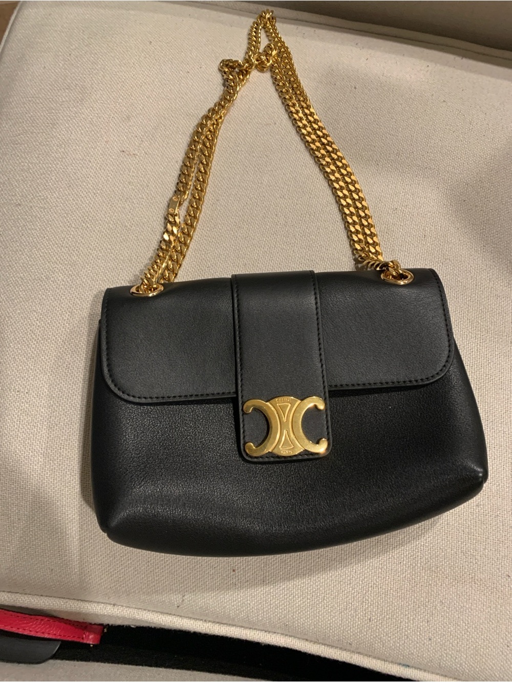 Celine Black Leather Shoulder Bag with Gold Chain and Emblem